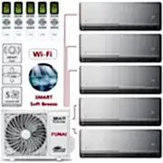 Мульти-сплит-система Funai серии ORIGAMI KODO RAM-I-5OK120HP.01/U + 5 внутренних блоков серии KAGAMI (9+9+9+9+9) серый, серебряный